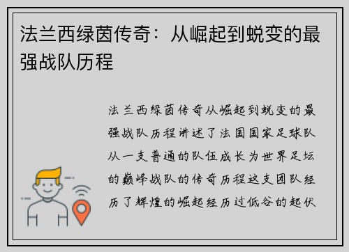 法兰西绿茵传奇：从崛起到蜕变的最强战队历程